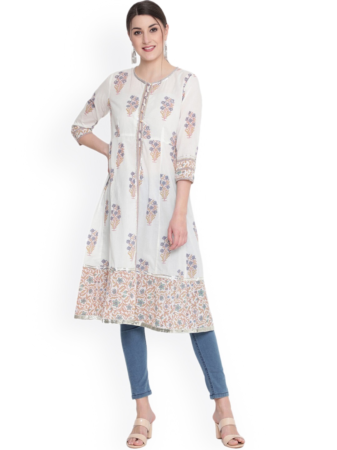 

SAVI Ethnic Motifs Printed Gotta Patti High Slit Cotton Kurta, White