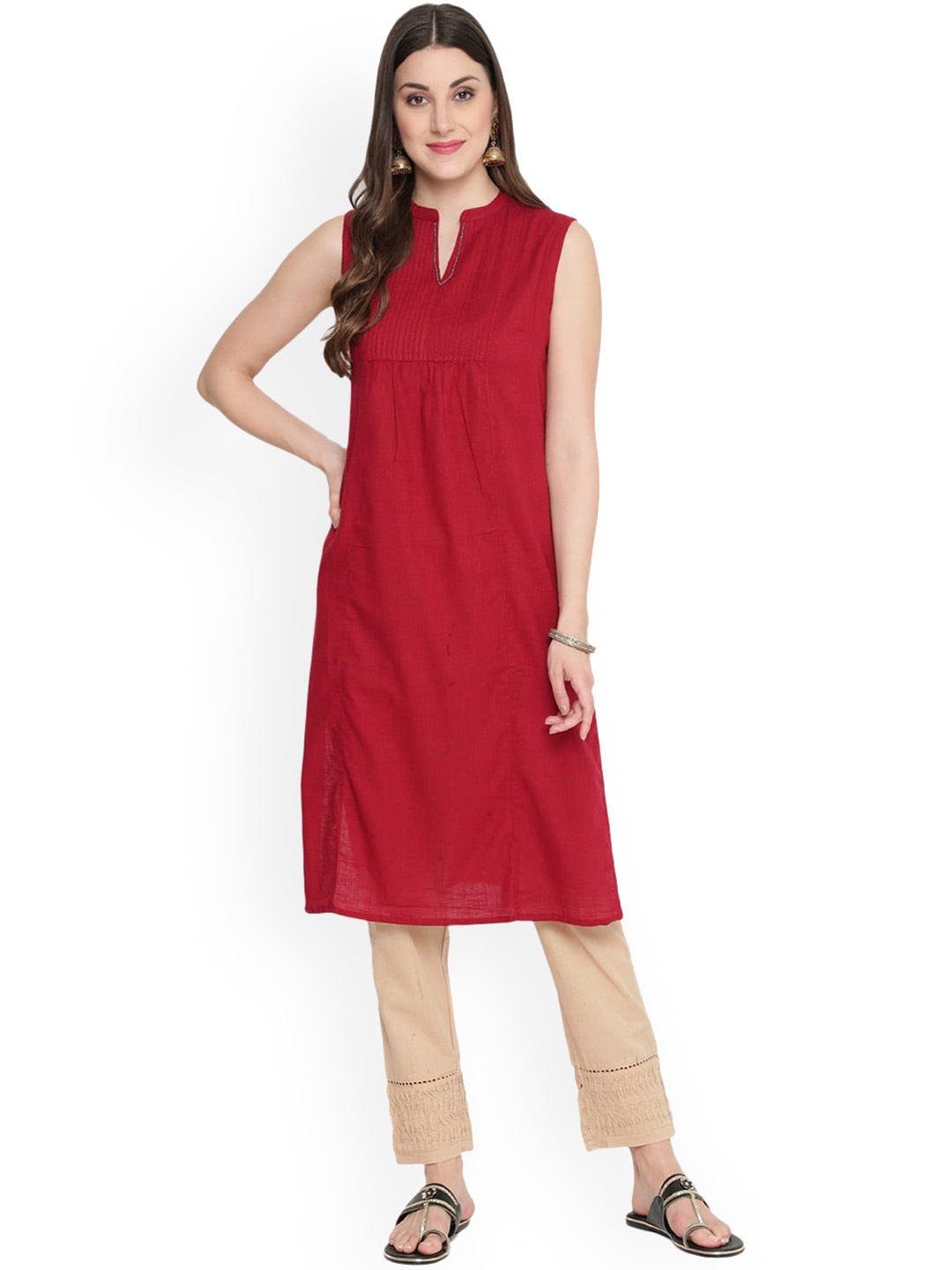 

SAVI Mandarin Collar Beads & Stones Cotton Kurta, Red
