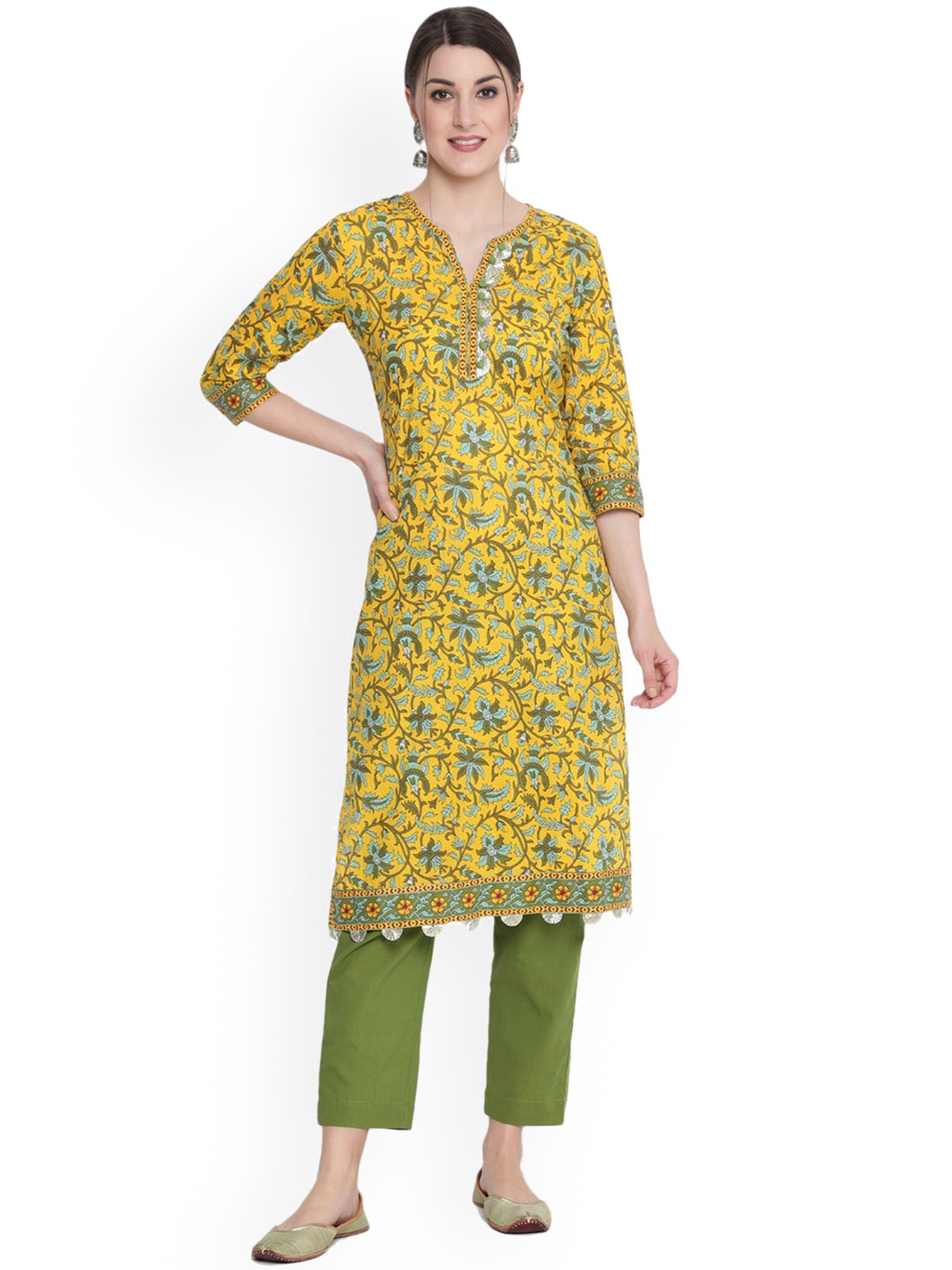 

SAVI Floral Printed Gotta Patti Straight Cotton Kurta, Yellow