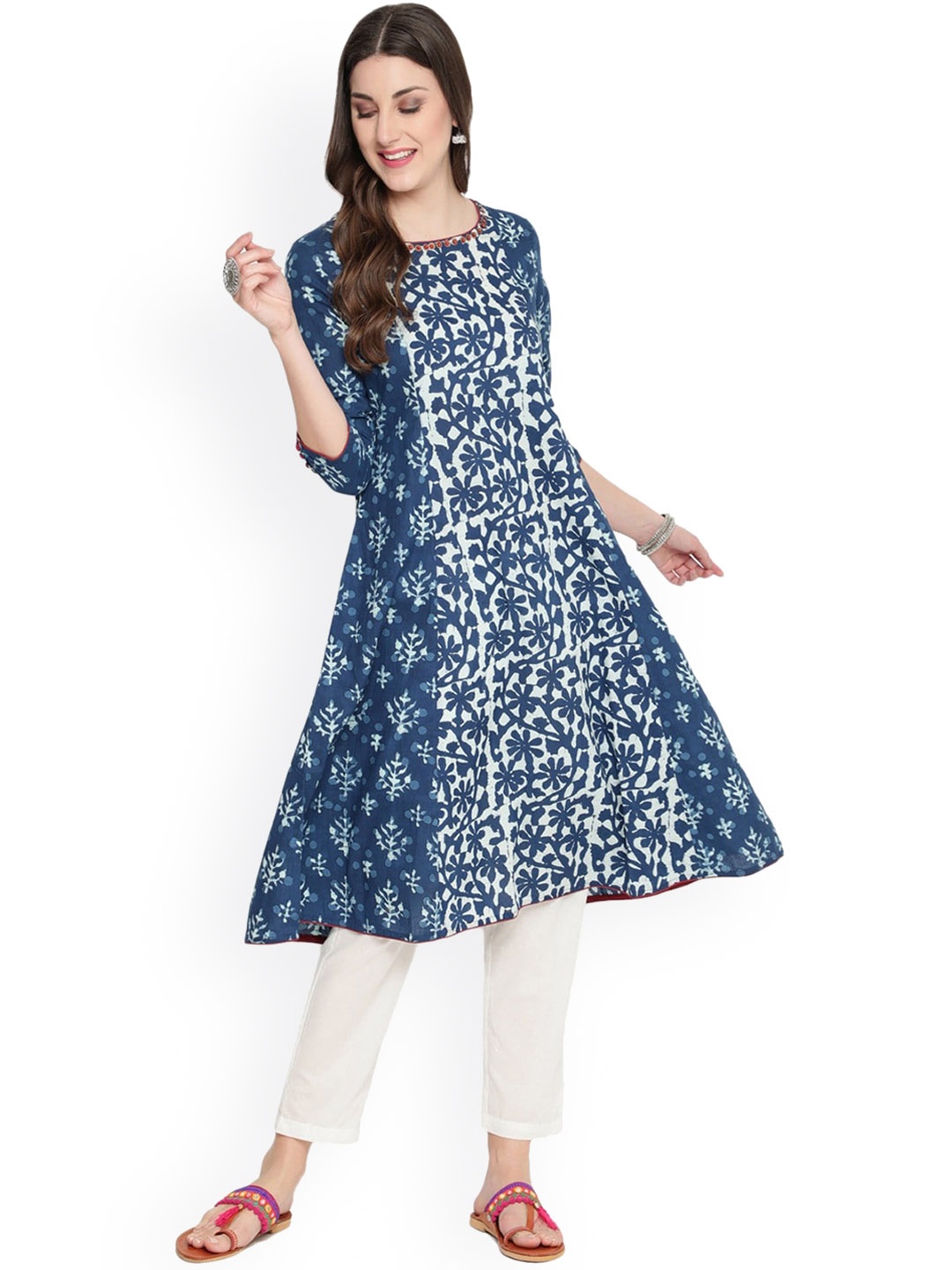 

SAVI Ethnic Motifs Printed Sequinned Anarkali Cotton Kurta, Blue