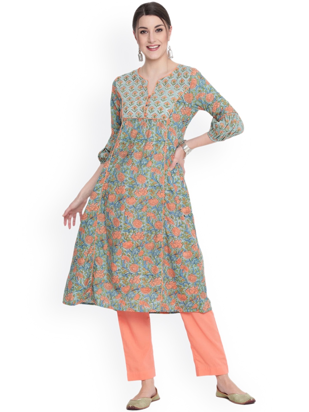 

SAVI Ethnic Mtotifs Printed Anarkali Cotton Kurta, Green