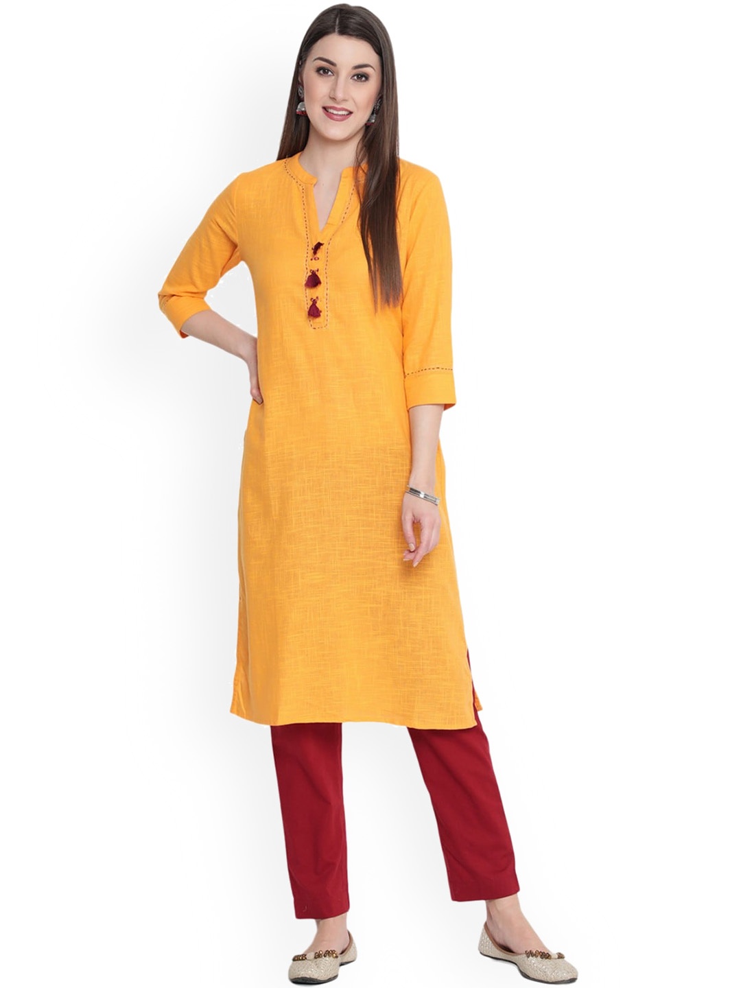 

SAVI Mandarin Collar Thread Work Straight Cotton Kurta, Mustard