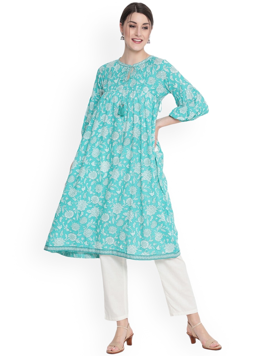 

SAVI Floral Printed Puff Sleeves Empire Cotton Kurta, Blue