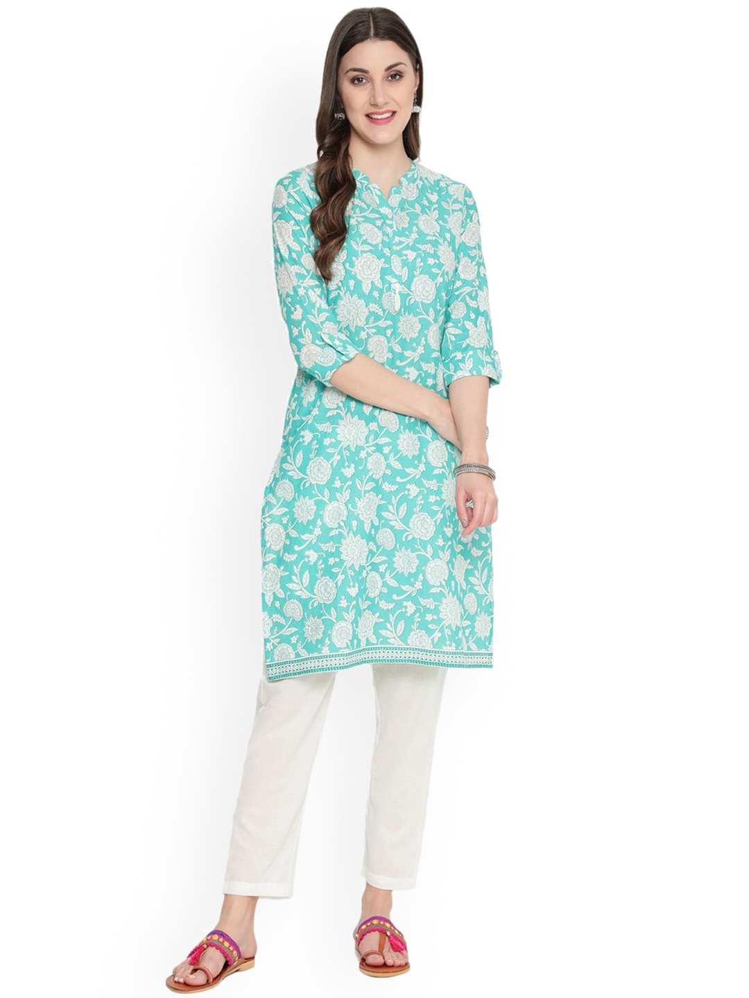 

SAVI Floral Printed Straight Kurta, Sea green