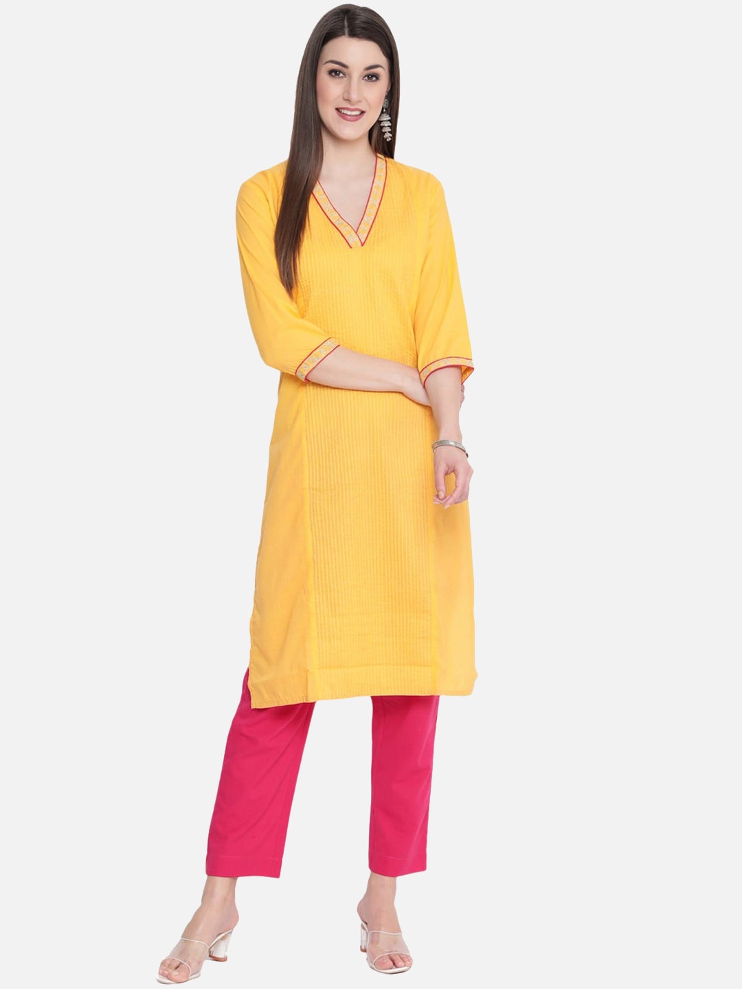 

SAVI V-Neck Pleated Straight Kurta, Yellow