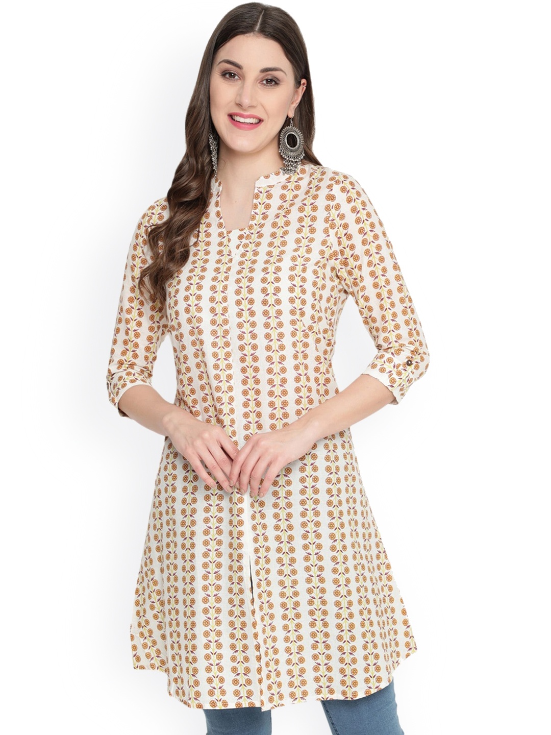 SAVI Floral Printed A-Line Cotton Kurta, White