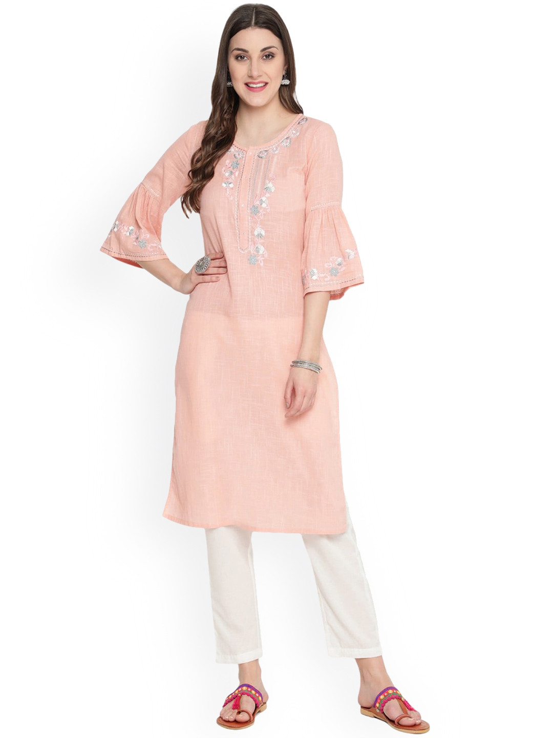 

SAVI Floral Embroidered Bell Sleeves Straight Cotton Kurta, Peach