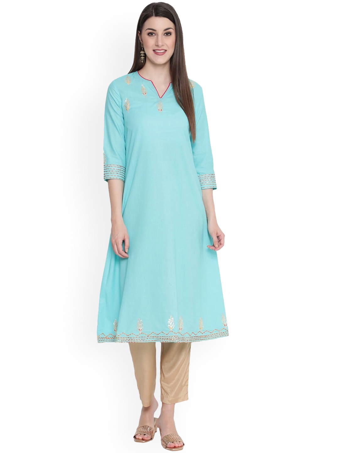 

SAVI Ethnic Motifs Embroidered Pure Cotton A-Line Kurta, Turquoise blue