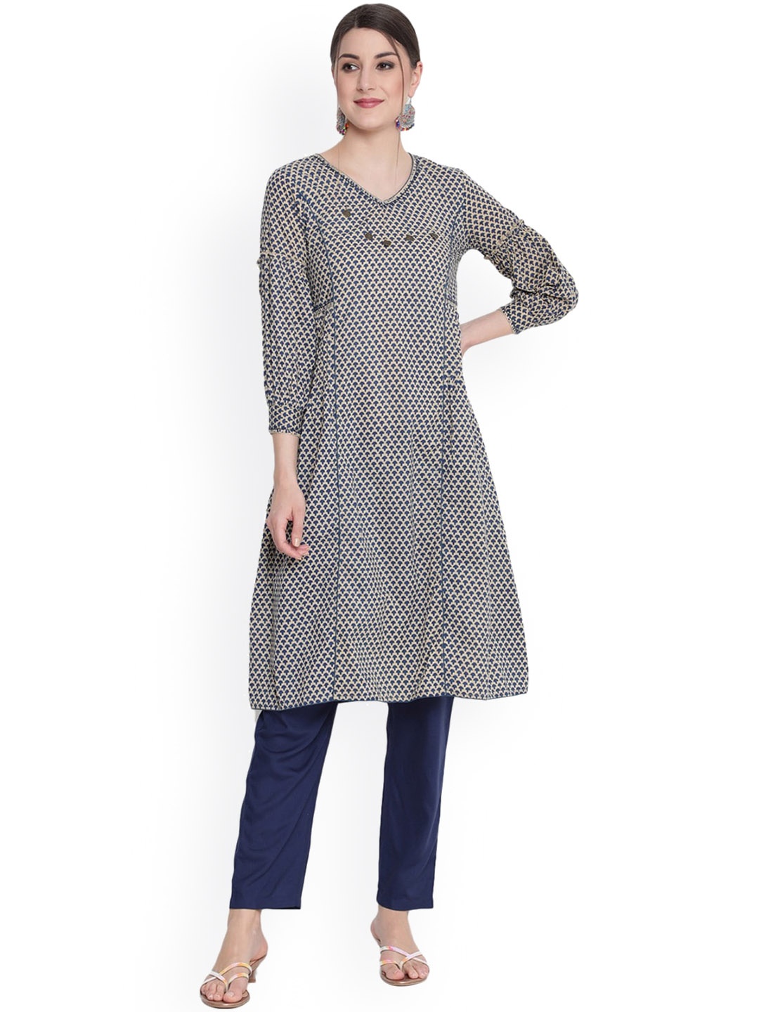 

SAVI Ethnic Motifs Printed Cotton A-Line Kurta, Blue