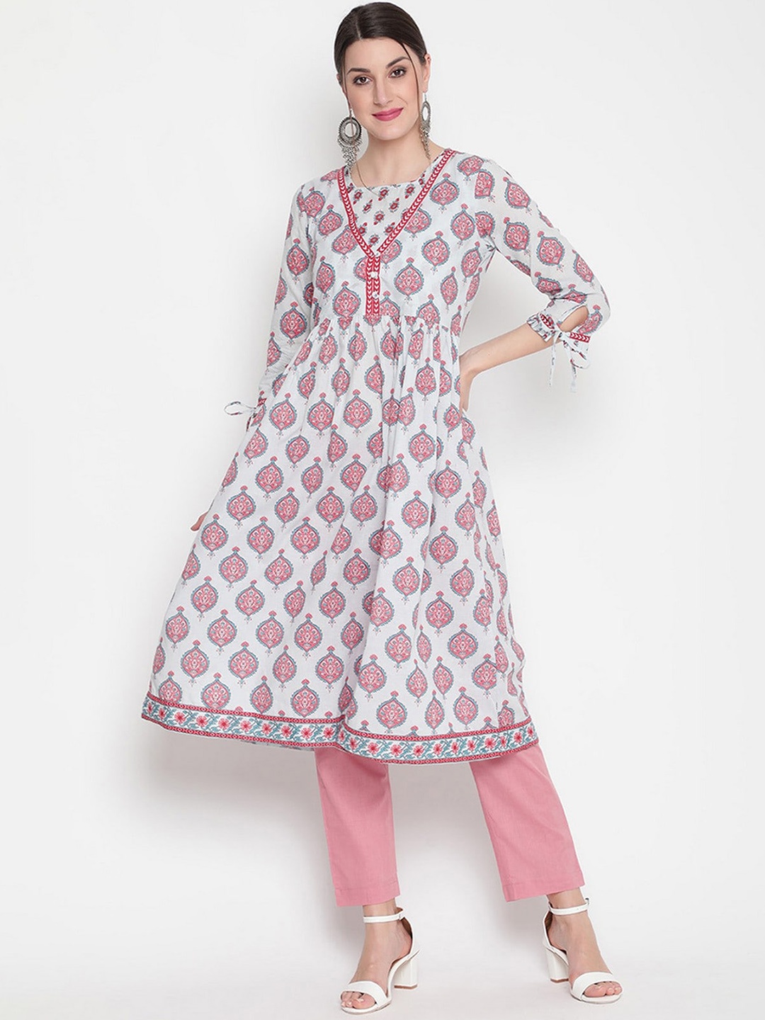 

SAVI Floral Printed Cotton A-Line Kurta, White