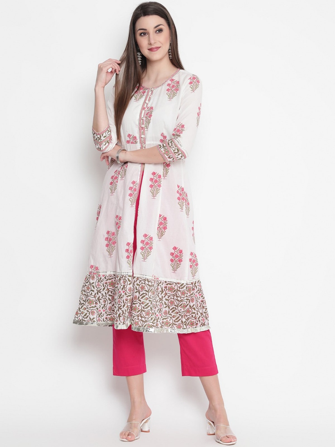 

SAVI Floral Printed Cotton A-Line Kurta, White