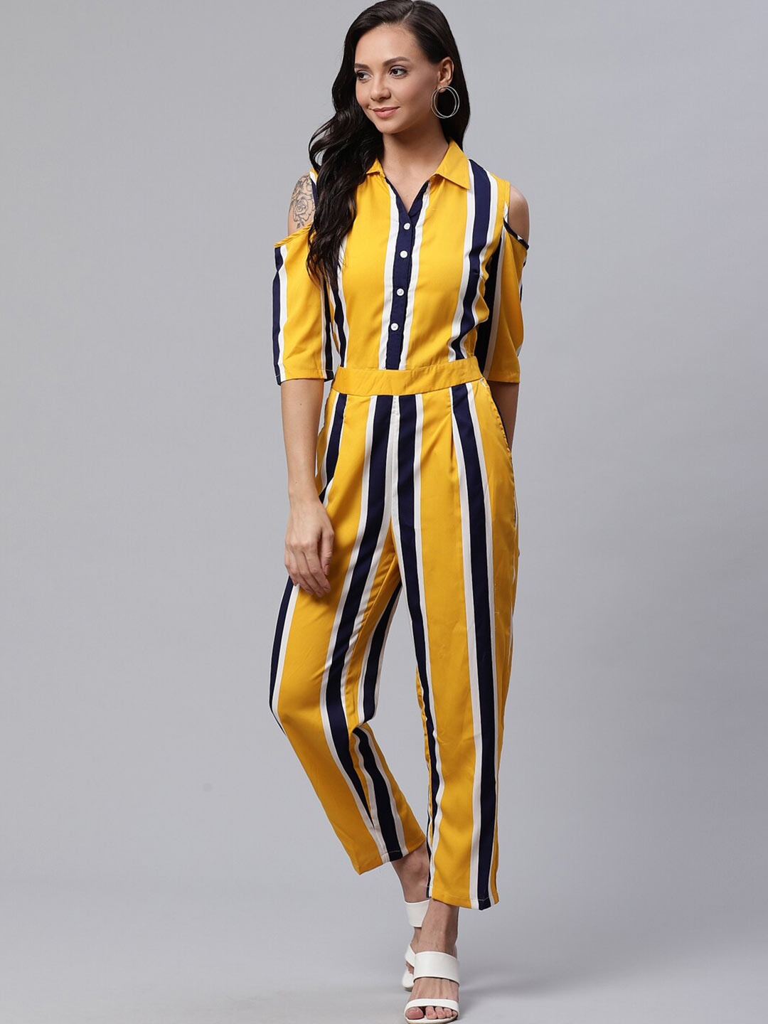 

DressBerry Yellow & Blue Striped Shirt Collar Jumpsuit