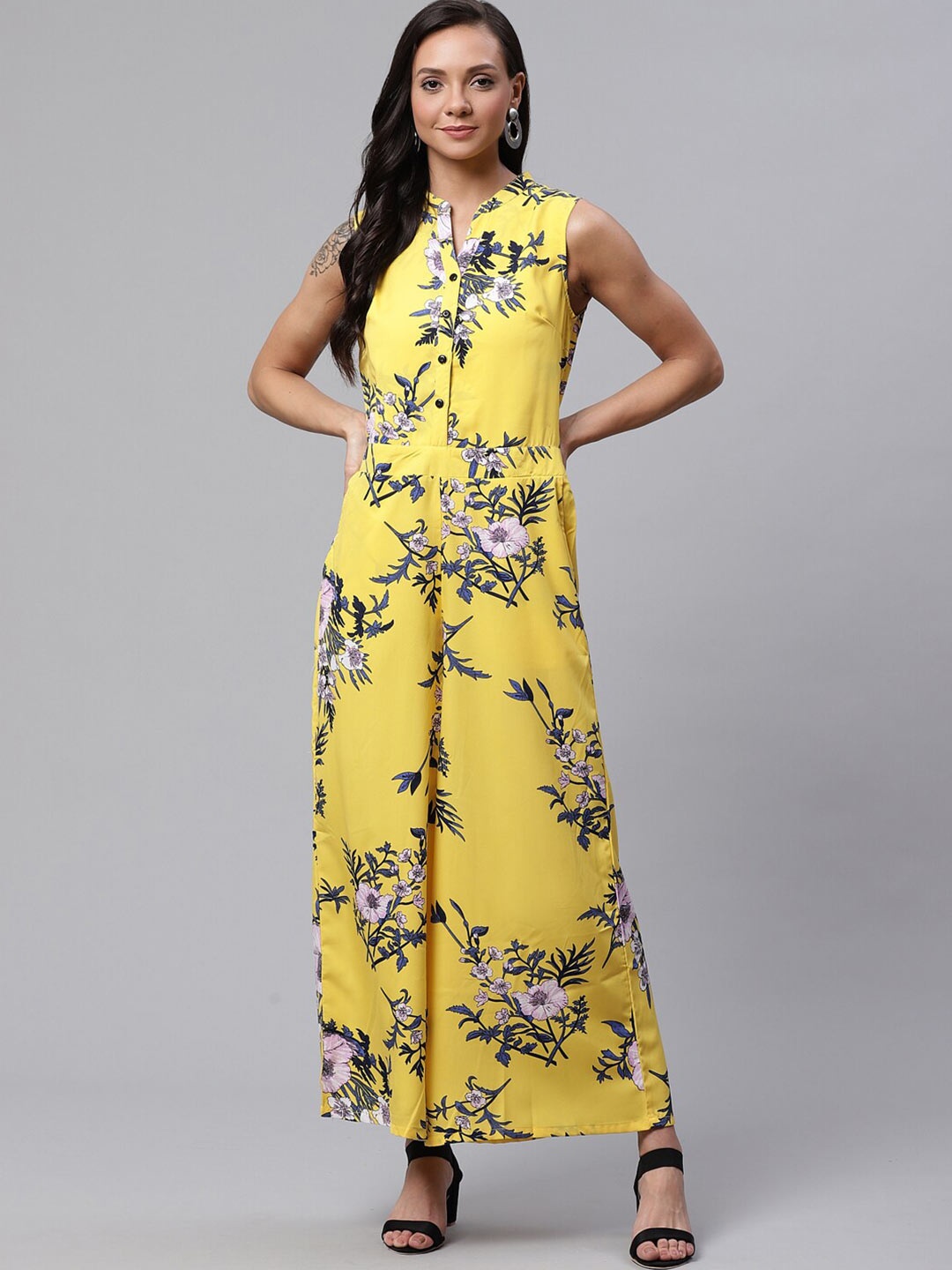

DressBerry Yellow & Blue Floral Printed Mandarin Collar Jumpsuit