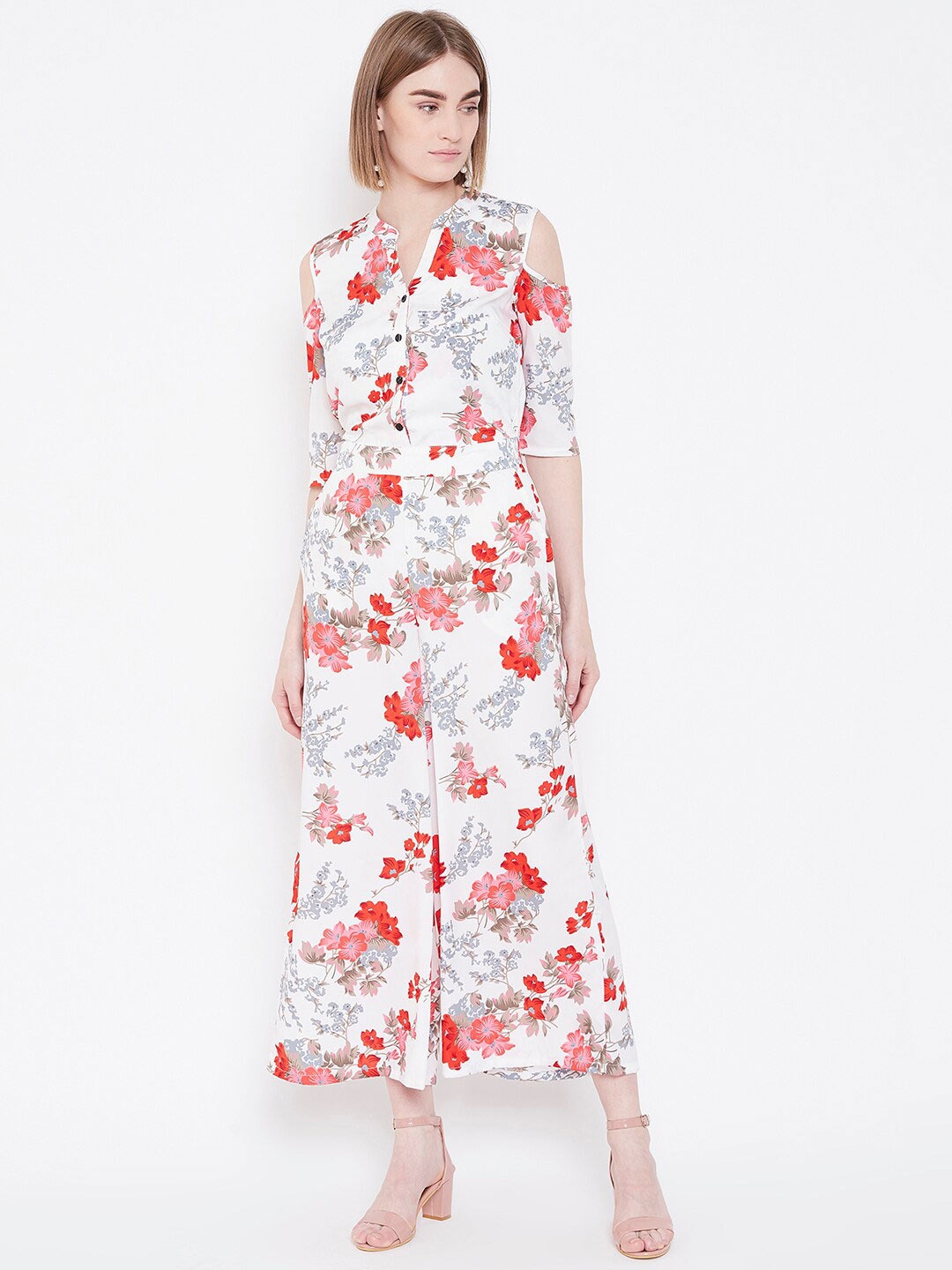 

DressBerry White & Red Floral Printed Mandarin Collar Cut-Outs Jumpsuit