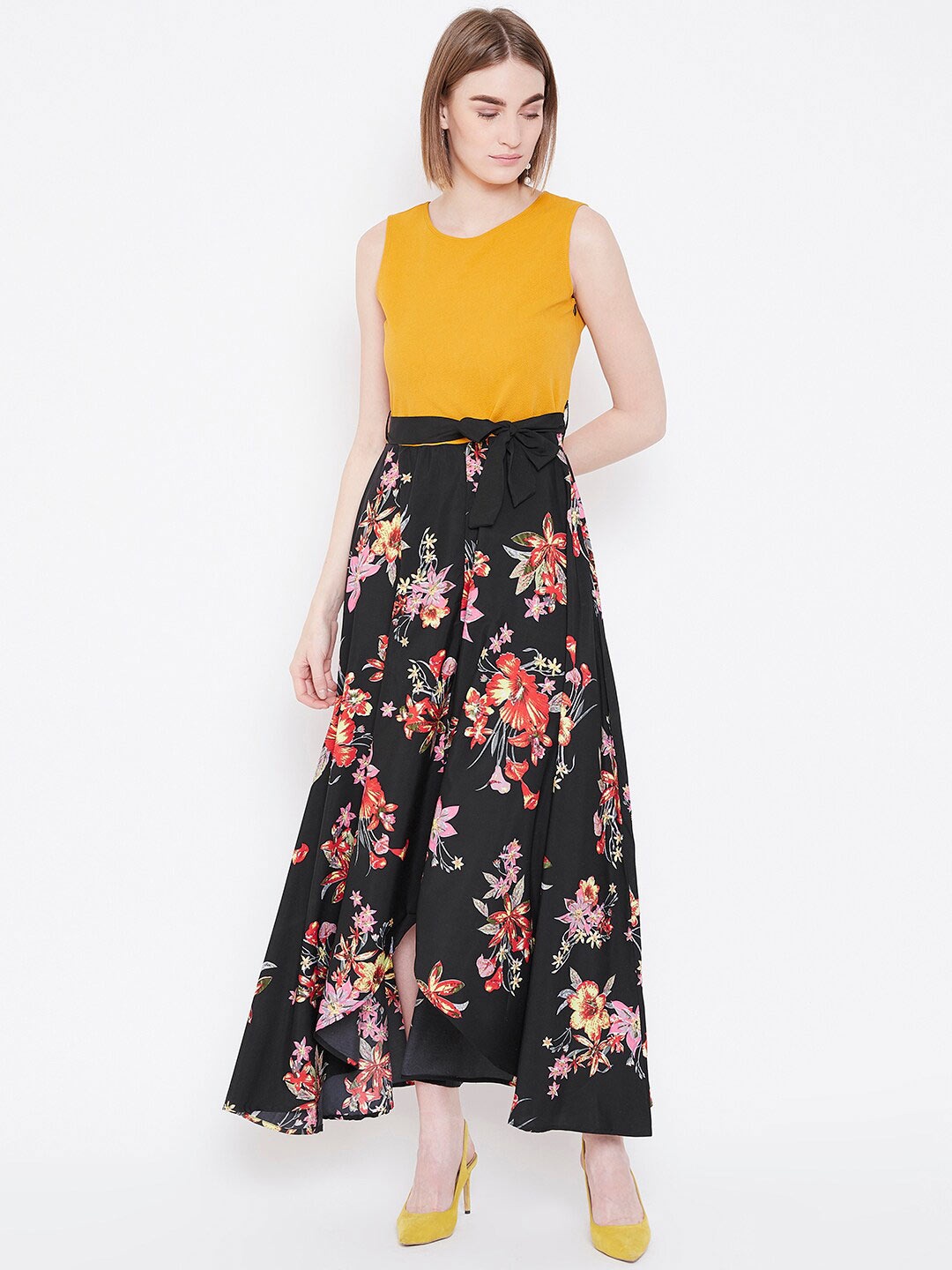 

DressBerry Mustard Yellow & Black Floral Printed Fit & Flare Maxi Dress