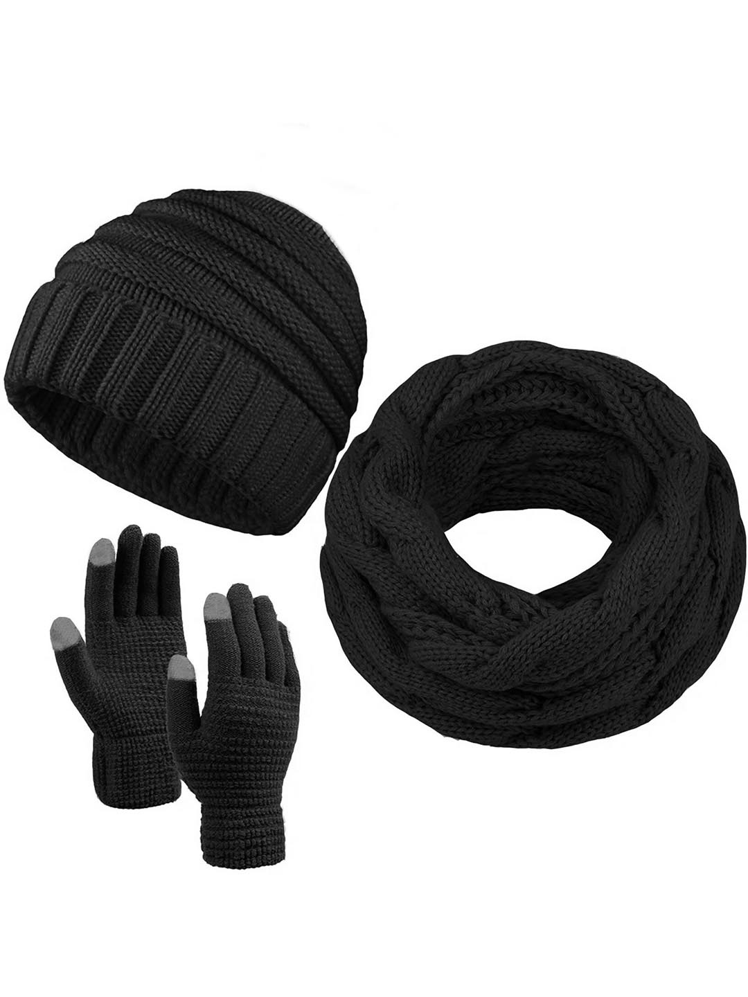 

TIPY TIPY TAP Kids Self Design Woollen Beanie & Gloves With Neckwarmer, Black