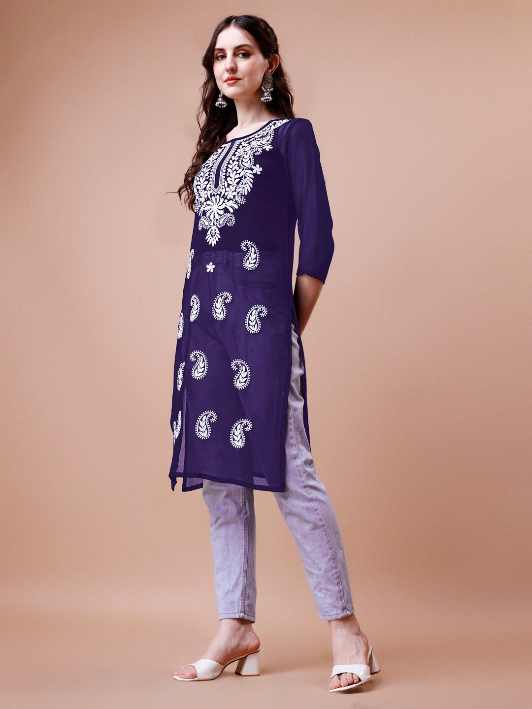 

KALINI Paisley Embroidered Chikankari Detail Straight Kurta, Navy blue