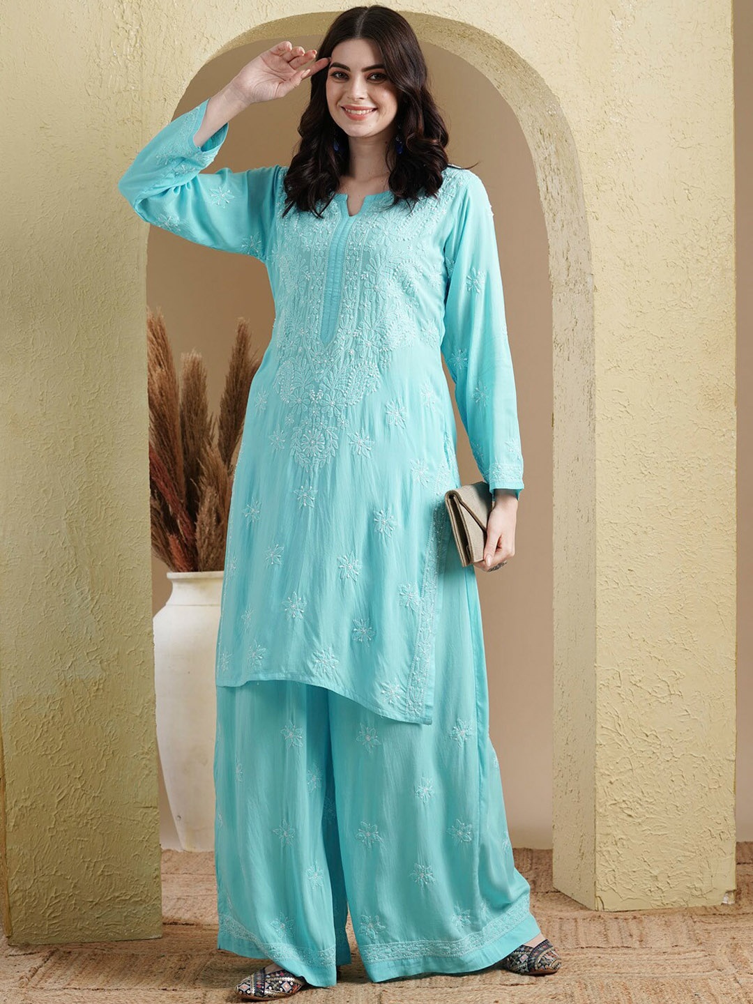 

ADA Ethnic Motifs Embroidered Regular Chikankari Kurta with Palazzos, Blue