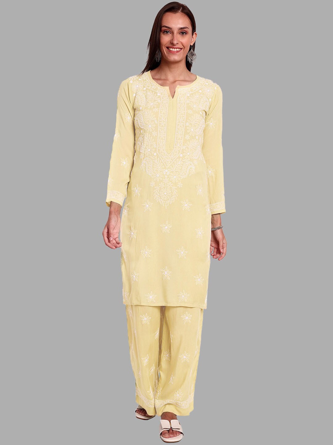 

ADA Ethnic Motifs Embroidered Chikankari Straight Kurta with Palazzos, Yellow