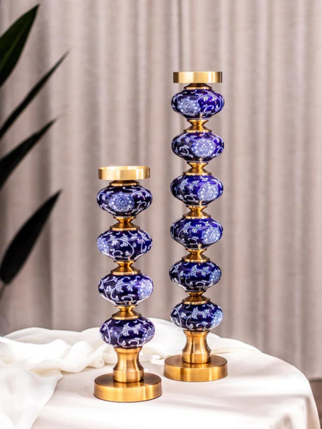 

THEDECORKART Blue & White 2 Pcs Printed Ceramic Candle Holders