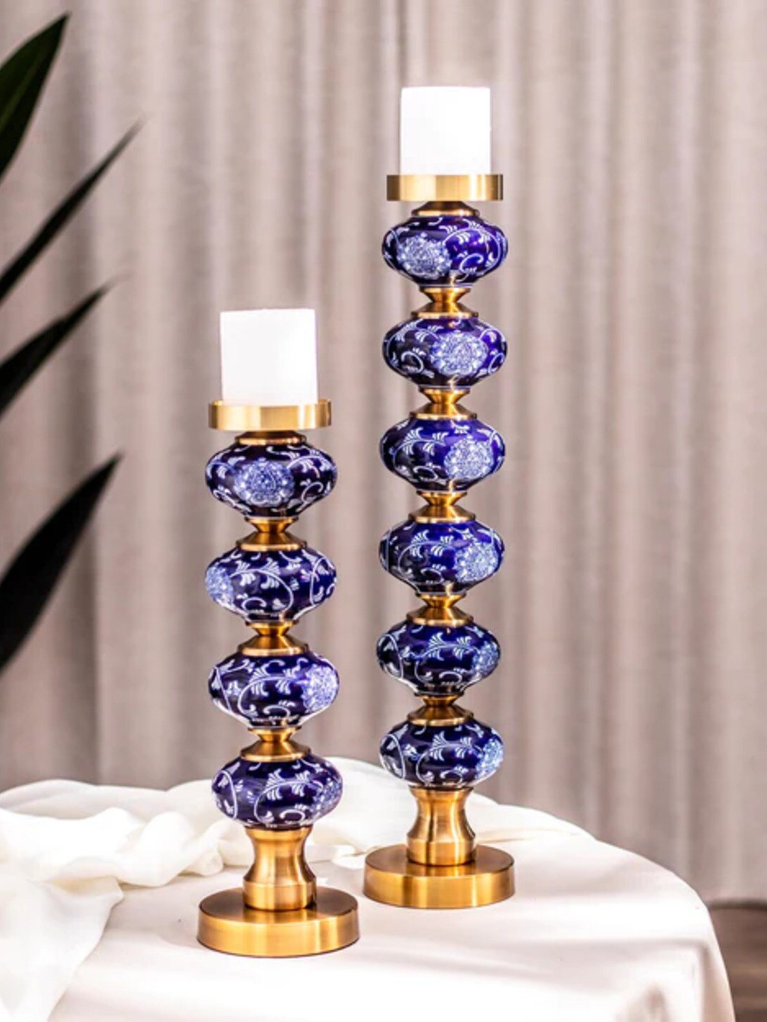 

THEDECORKART Blue Printed Ceramic Candle Holder
