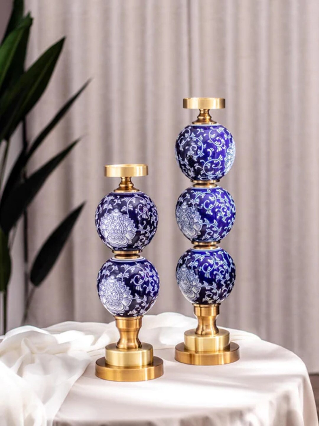

THEDECORKART Blue & White 2 Pcs Printed Ceramic Candle Holders