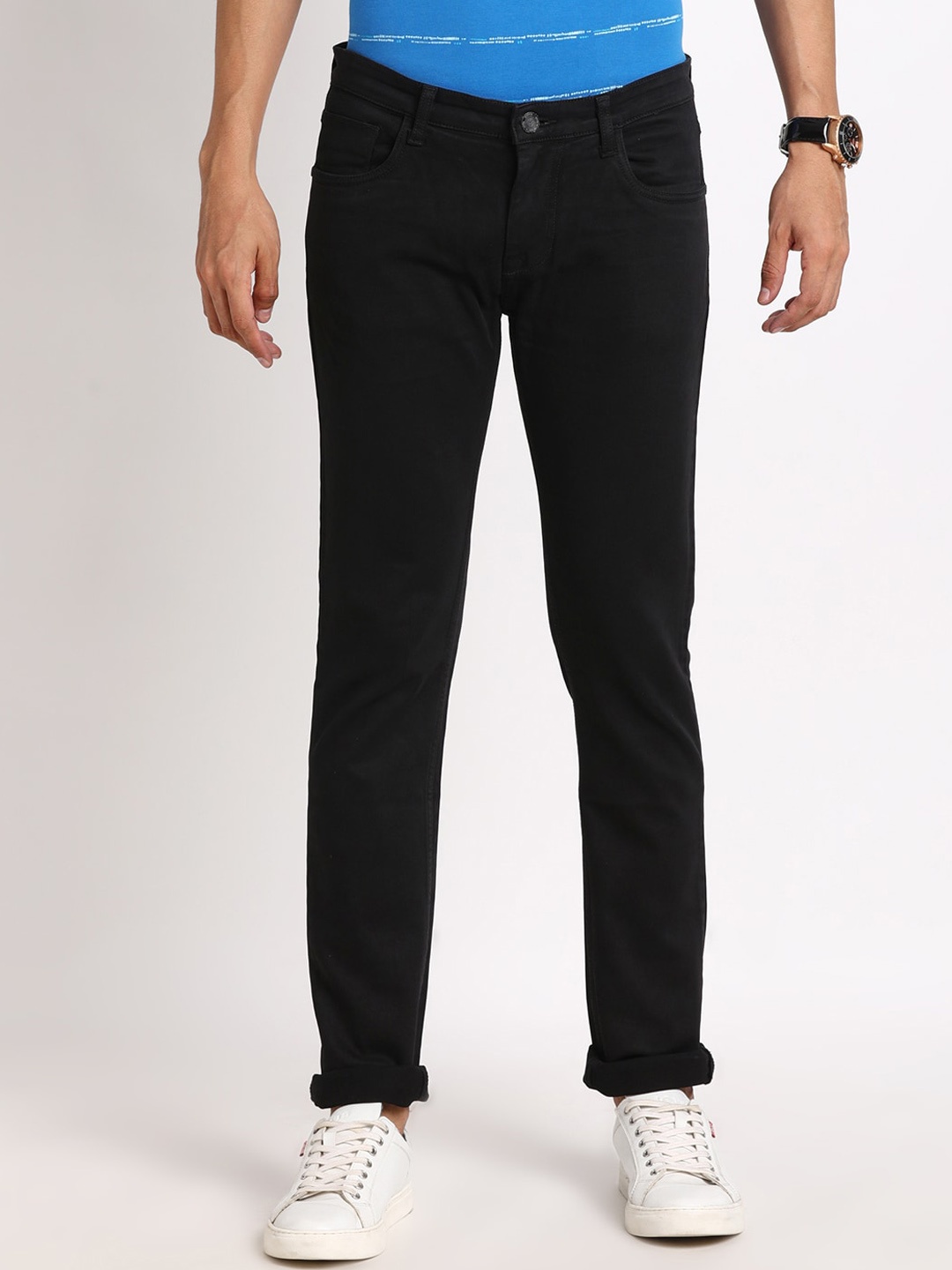

Turtle Men Narrow Tapered Fit Clean Look Cotton Jeans, Black