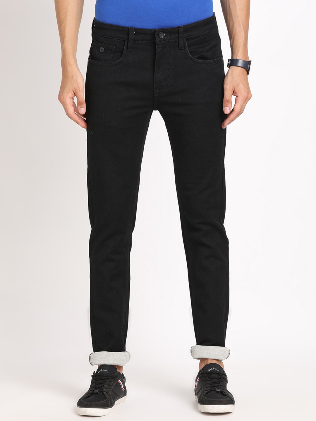 

Turtle Men Tapered Fit Narrow Clean Look Cotton Jeans, Black