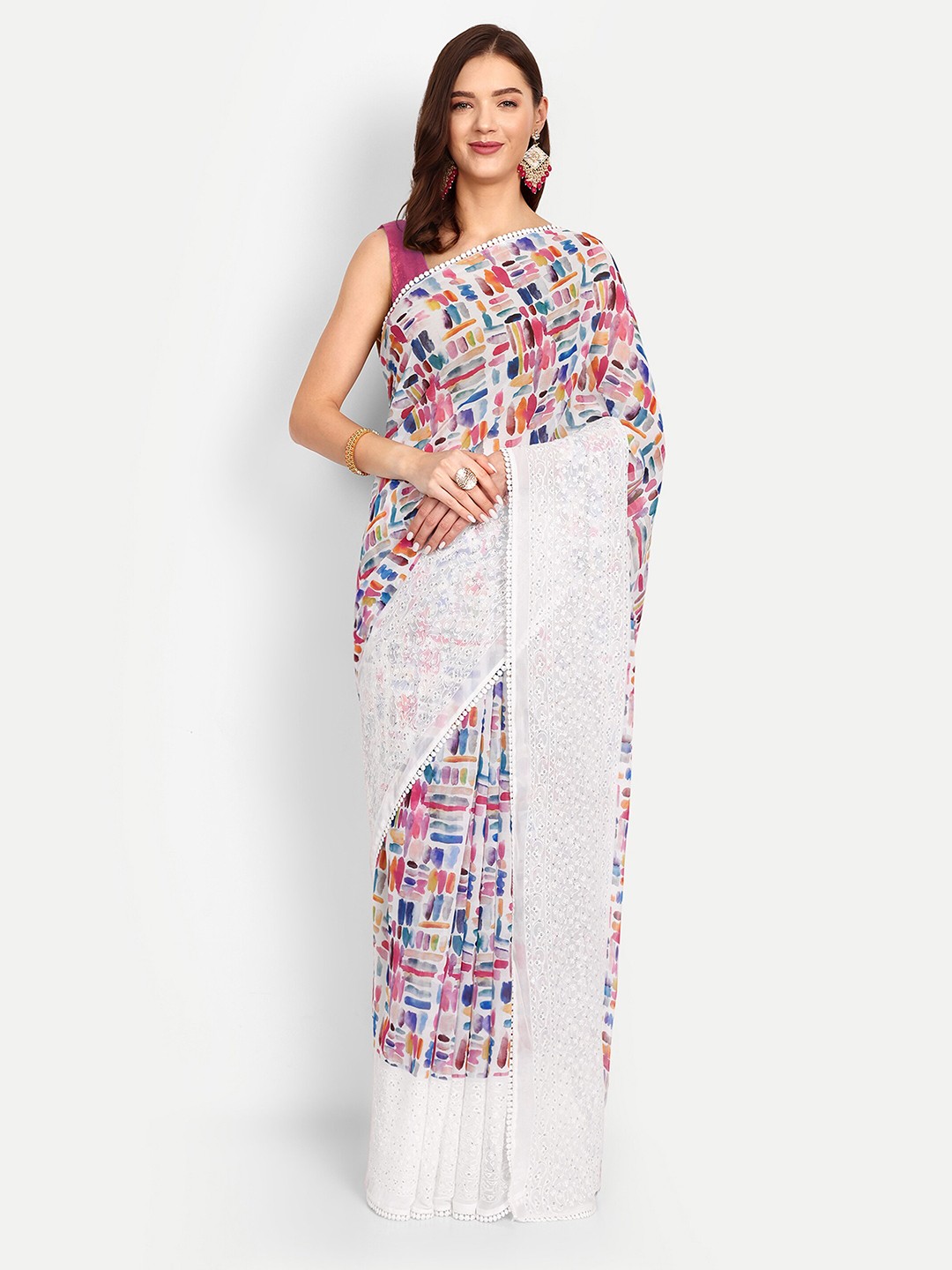 

DrapeMall Poly Georgette Saree, White