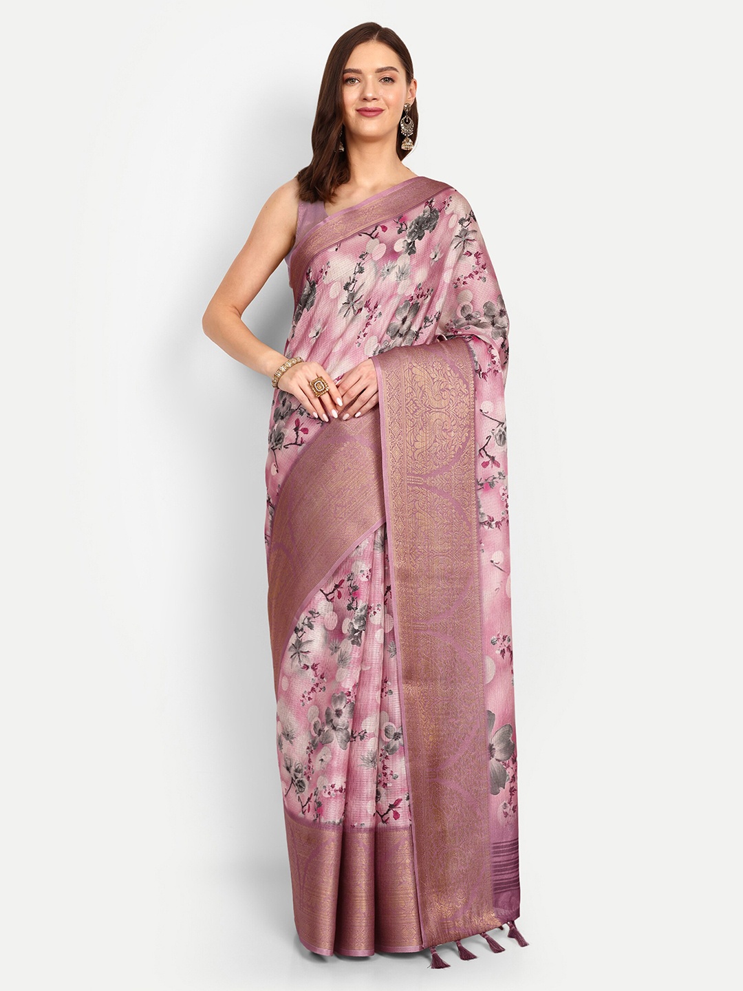 

DrapeMall Floral Art Silk Saree, Pink