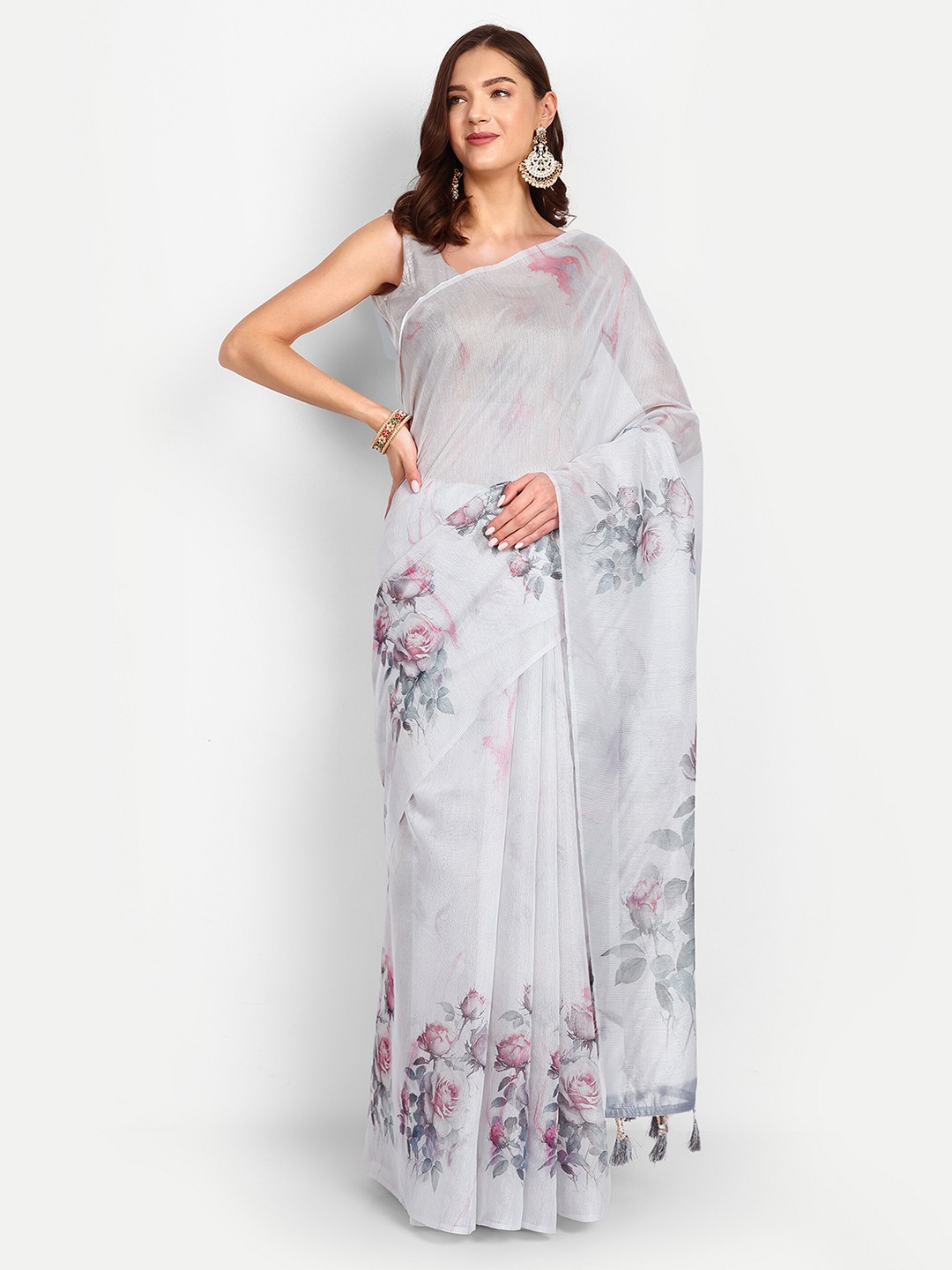 

DrapeMall Floral Zari Art Silk Saree, Silver