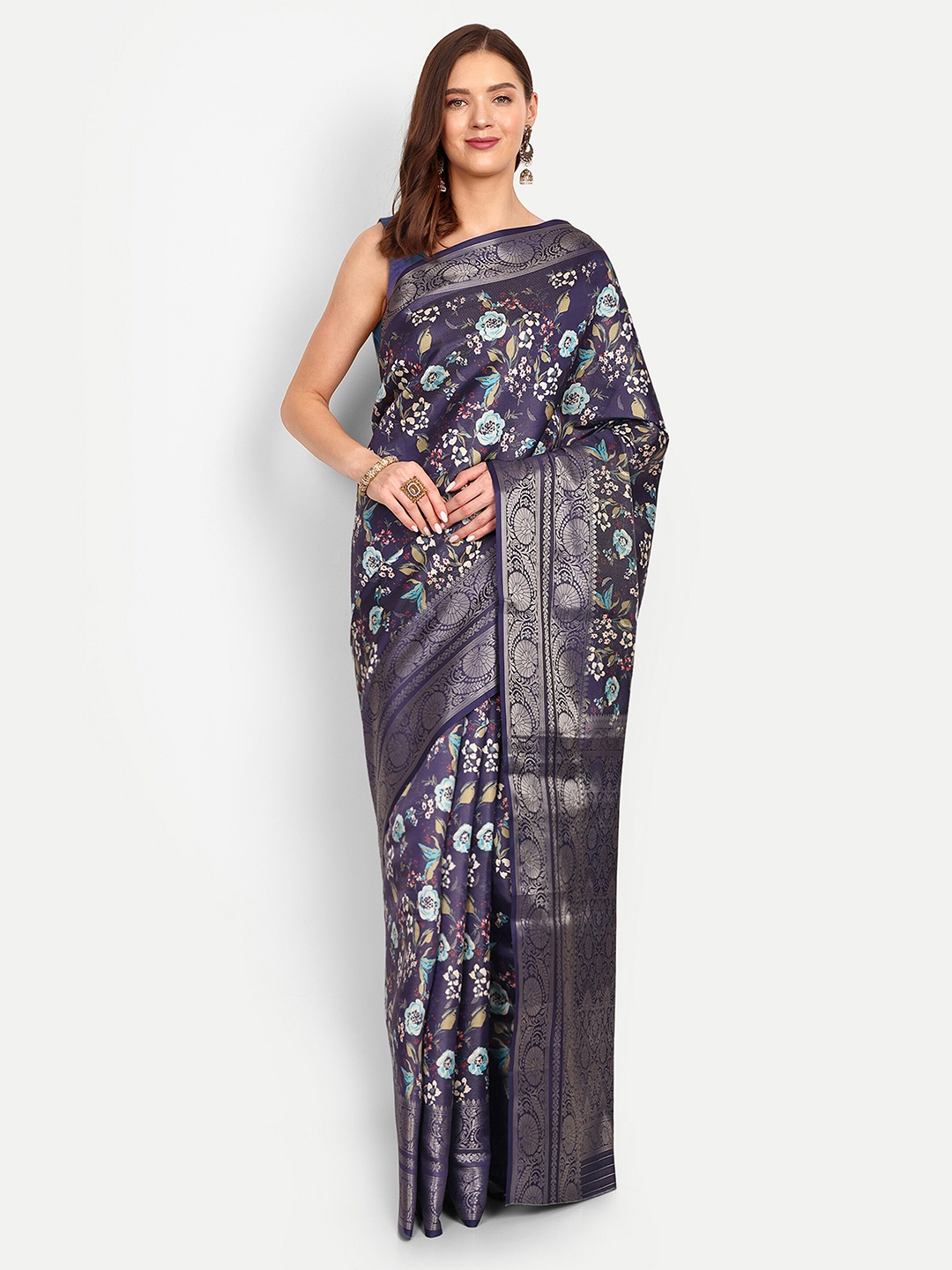 

DrapeMall Floral Zari Art Silk Saree, Navy blue