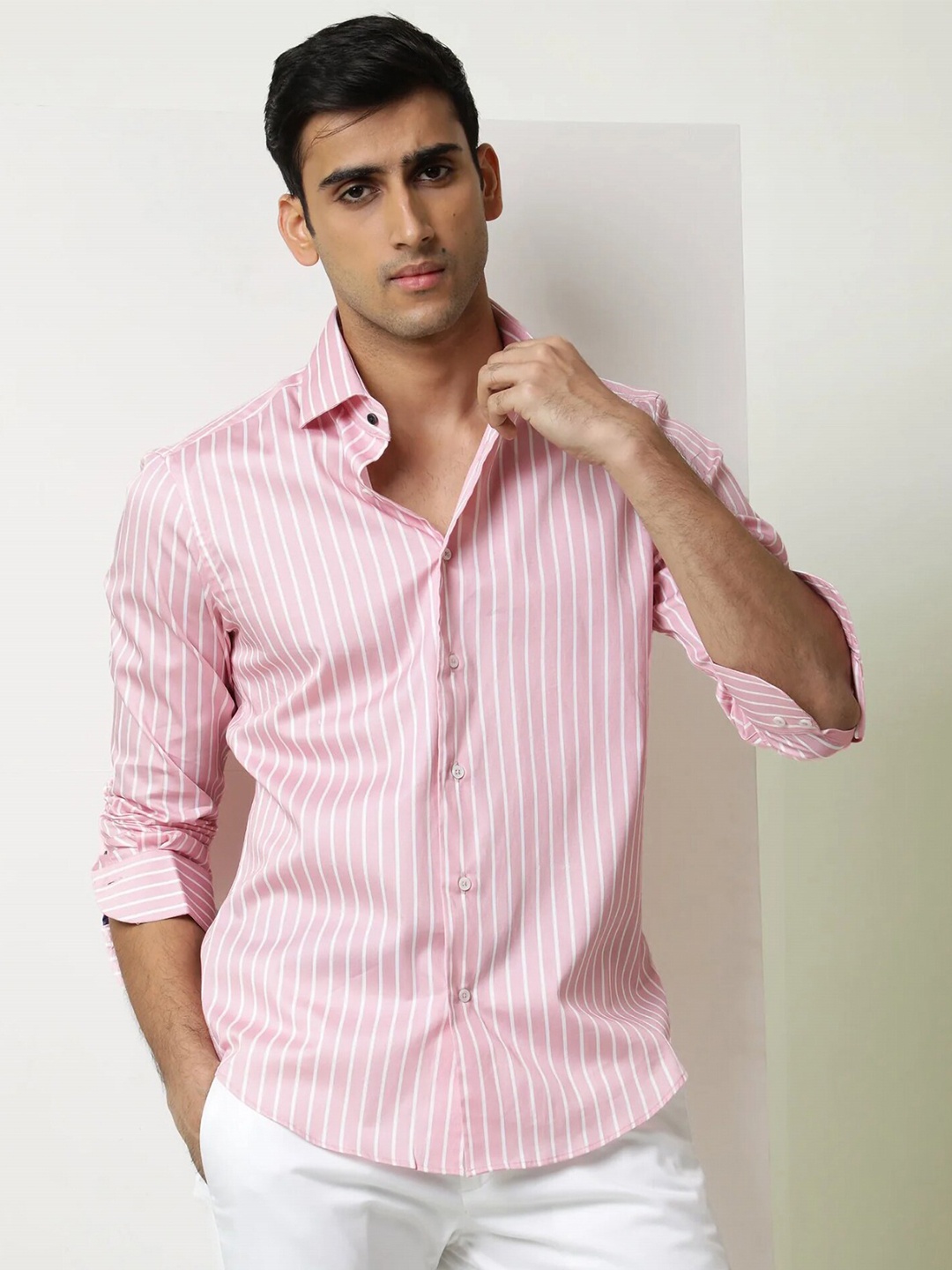 

MISCHIEF MONKEY Classic Fit Striped Pure Cotton Casual Shirt, Pink