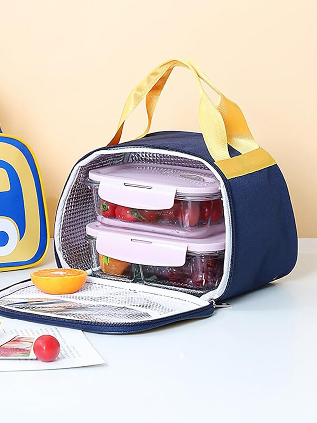 

HOUSE OF QUIRK Navy Blue & Yellow Printed Waterproof Insulated Lunch Bag