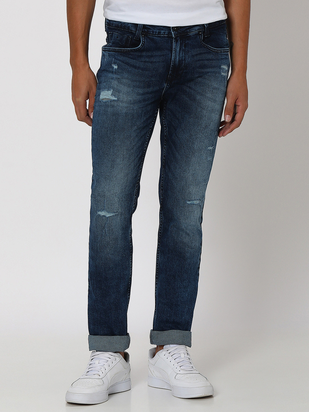 

Mufti Men Super Slim Fit Mid-Rise Mildly Distressed Heavy Fade Stretchable Jeans, Navy blue