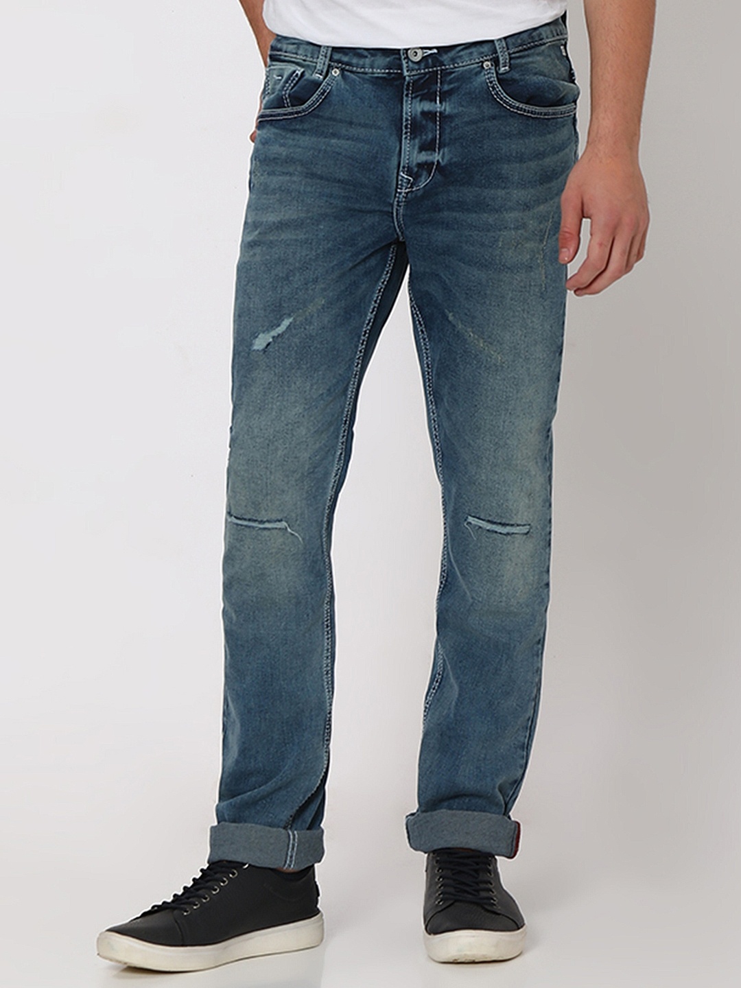 

Mufti Men Slash Knee Slim Fit Super Distressed Stretchable Jeans, Blue