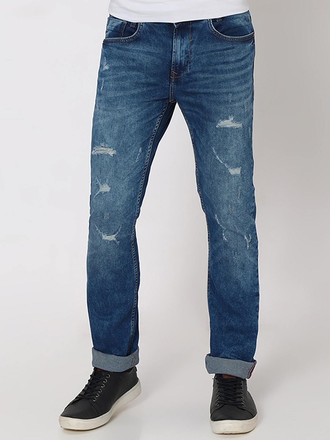 Mufti Men Mid-Rise Slim Fit Mildly Distressed Stretchable Jeans, Navy blue