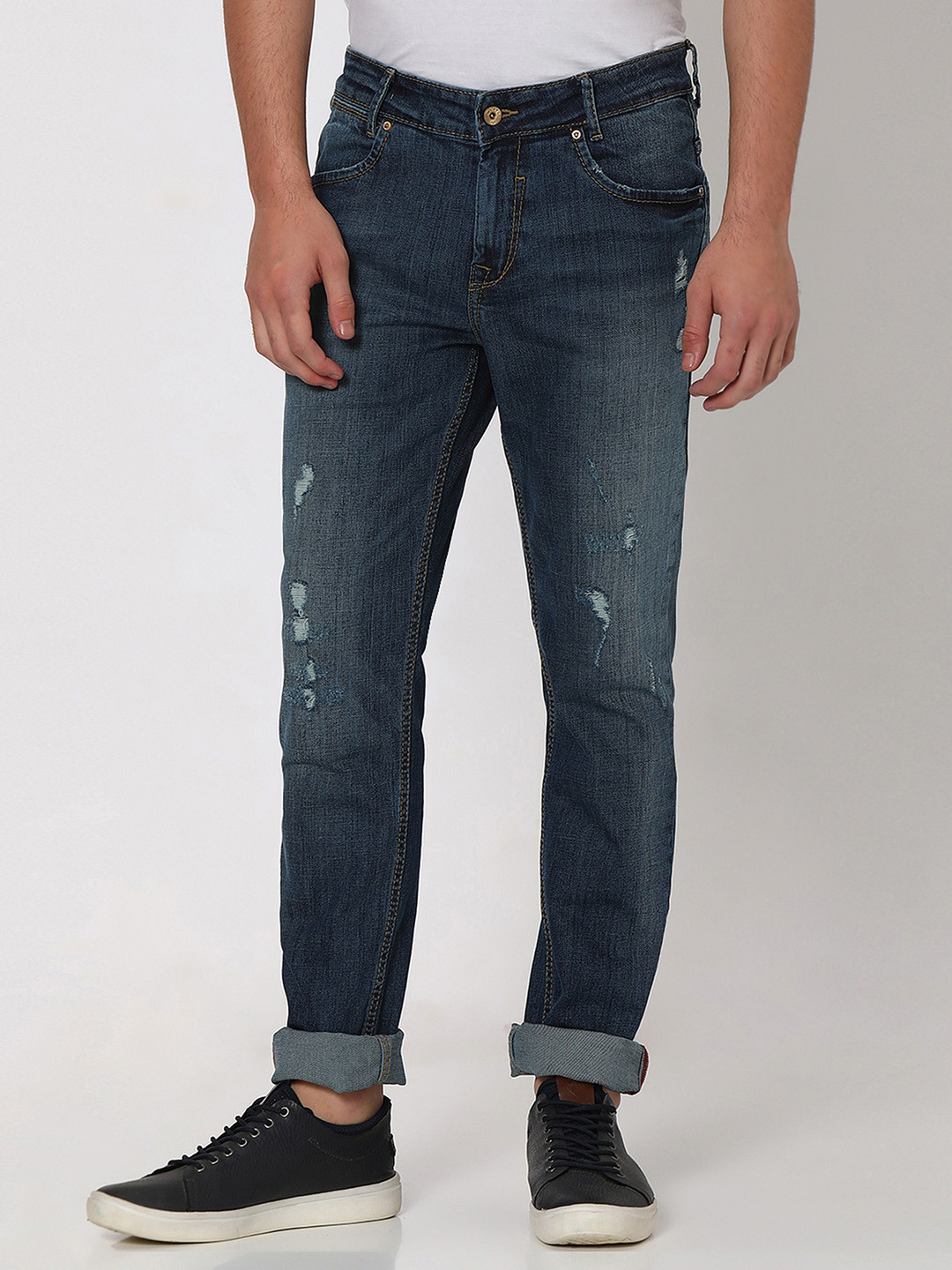 

Mufti Men Slim Fit Mid-Rise Low Distress Light Fade Stretchable Jeans, Blue