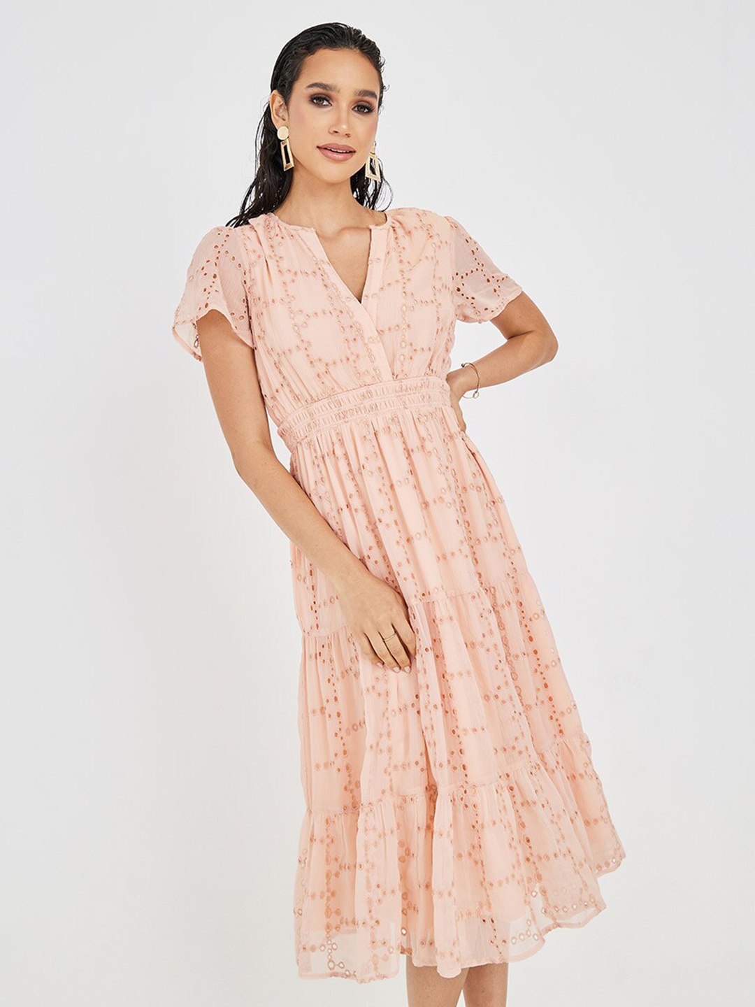 

Styli Self Design V-Neck Flared Sleeve Schiffli & Smocking Detail Fit and Flare Midi Dress, Pink