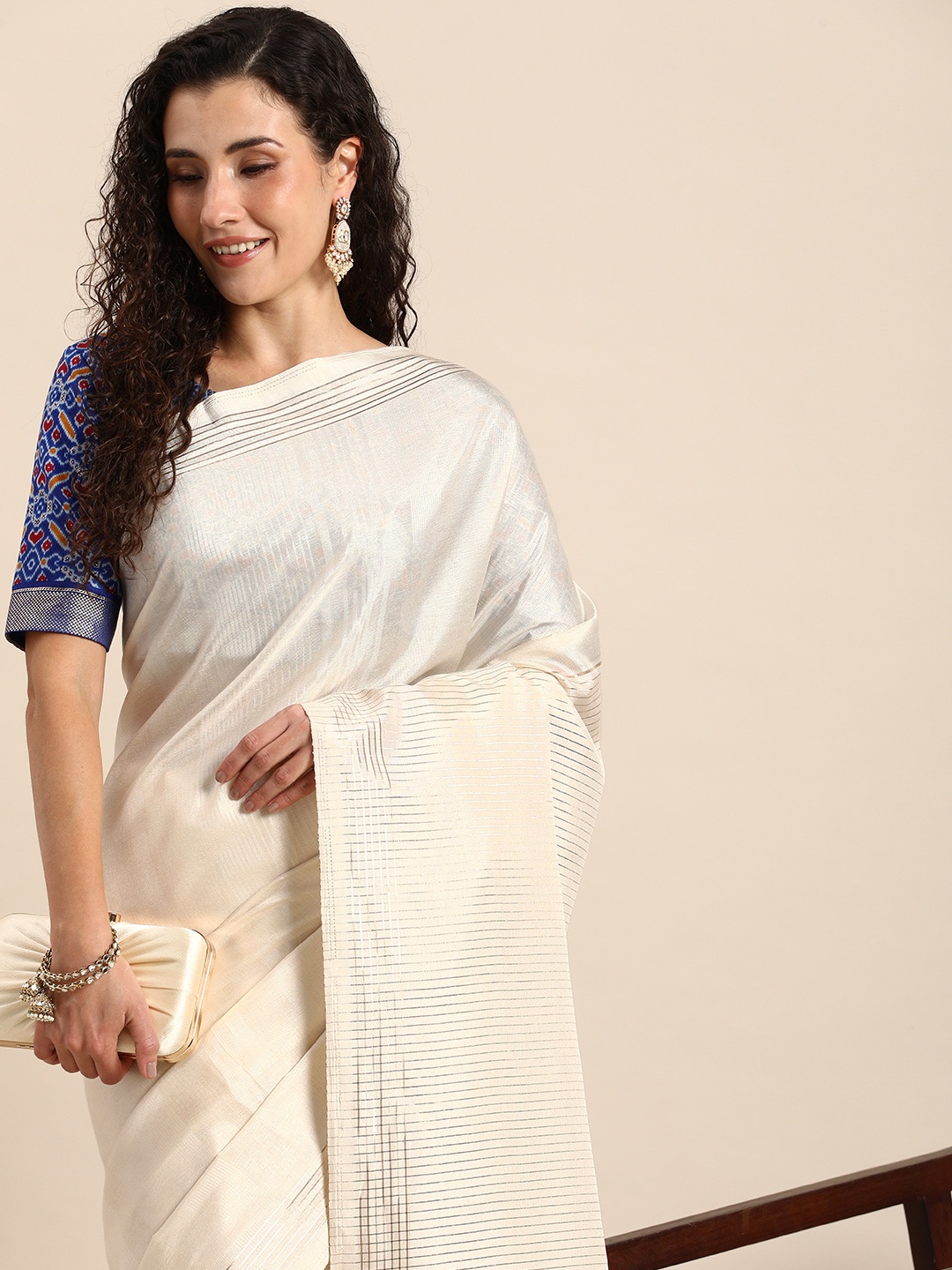 

LOOKNBOOK ART Striped Zari Tussar Saree, White