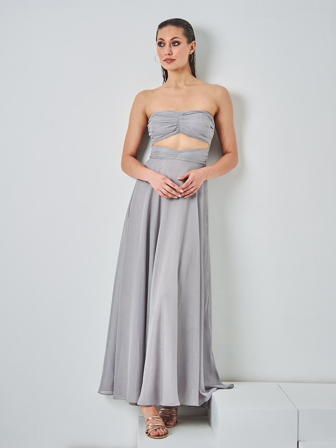 

By The Bay Strapless Maxi Georgette Dress, Grey