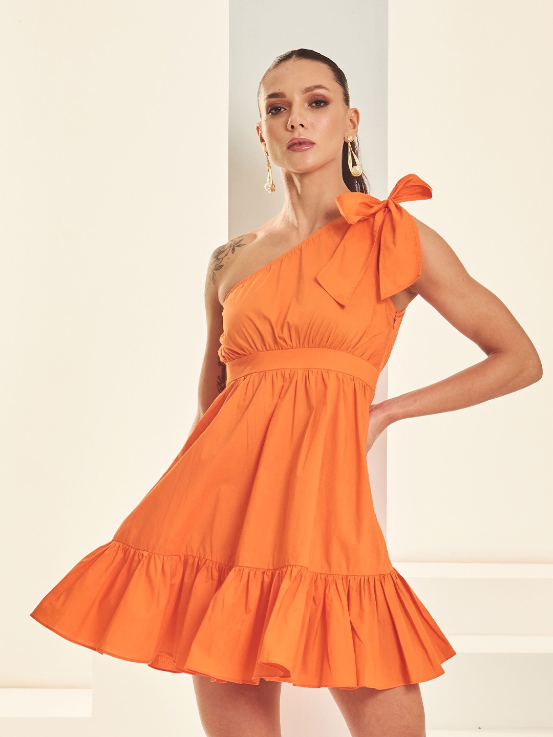 

By The Bay One-Shoulder Fit & Flare Cotton Dress, Orange