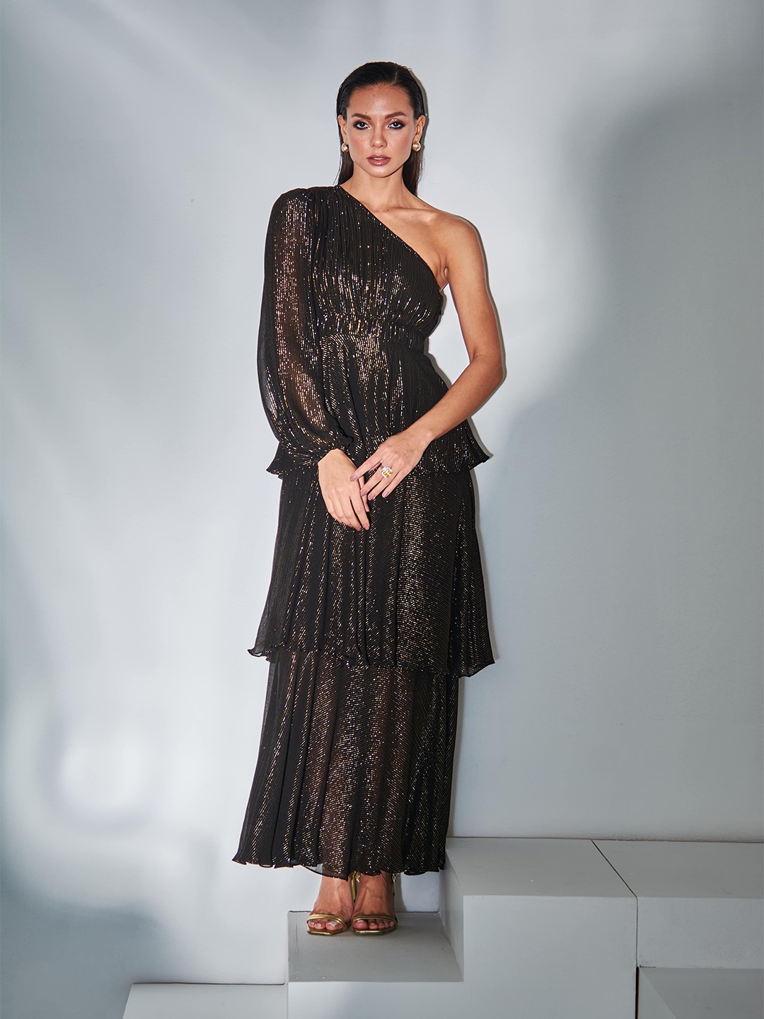 

By The Bay One-Shoulder Self Design Georgette Dress, Black