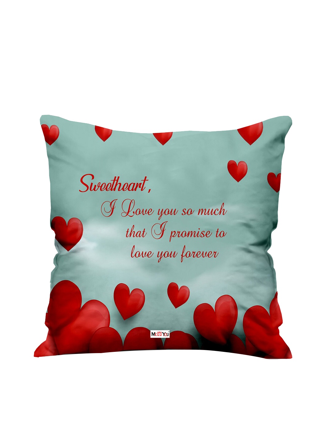 

ME & YOU Blue & Red Love Quoted Square Shape Fibre Pre Filled Cushion