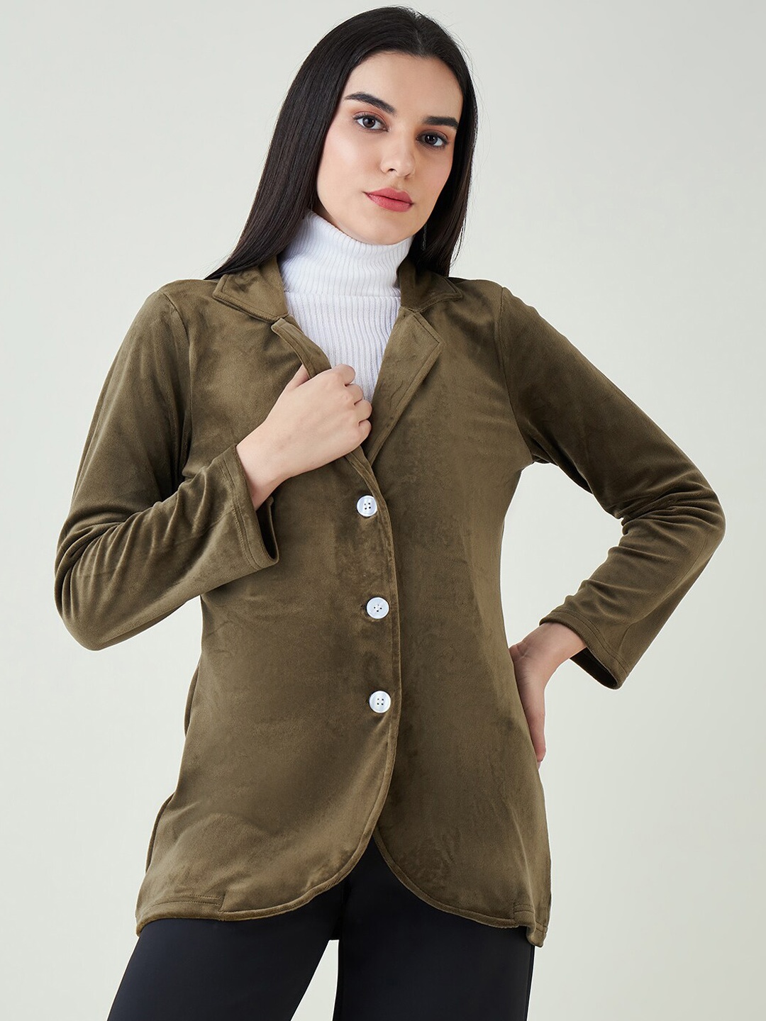 

Mast & Harbour Olive Green Single-Breasted Notched Lapel Collar Velvet Overcoat