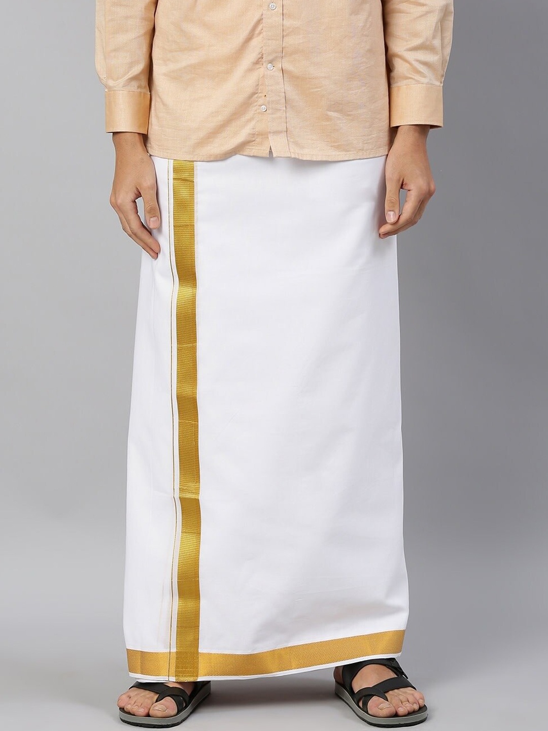 

Ramraj Men Pure Cotton Double Layer Dhoti With Zari Border, White