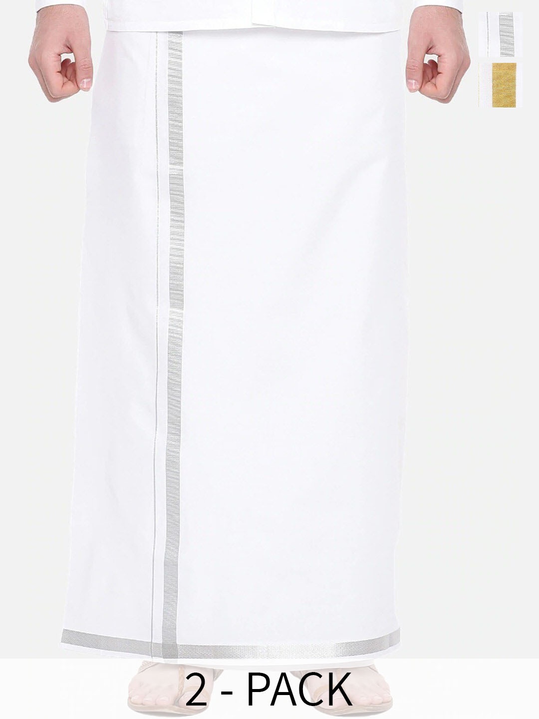 

Ramraj Pack Of 2 Pure Cotton Dhotis With Gold & Silver-Toned Zari Border, White