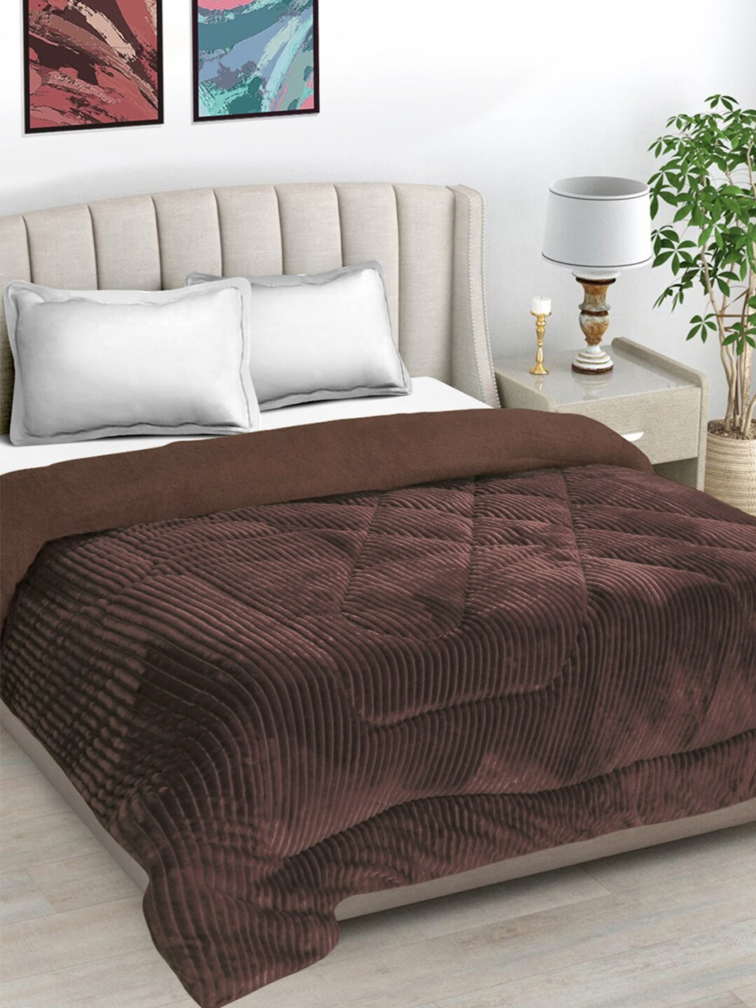 

FABINALIV Brown Striped Woolen Heavy Winter Double Bed Comforter