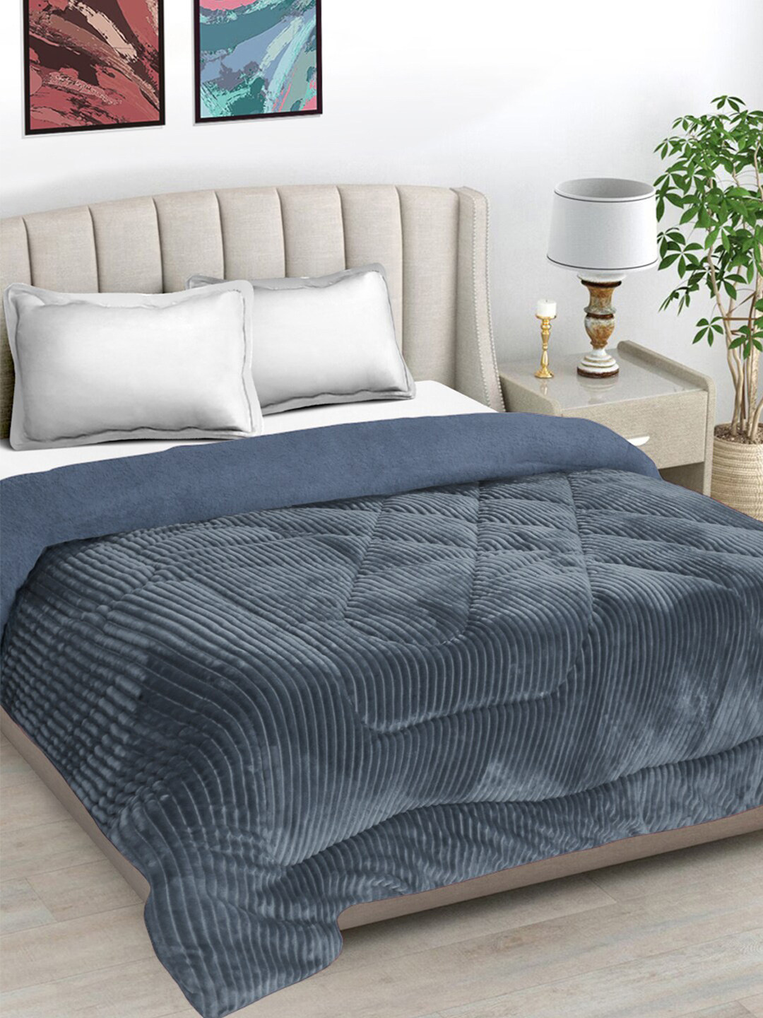 

FABINALIV Grey Striped Woollen Heavy Winter 950 GSM Double Comforter