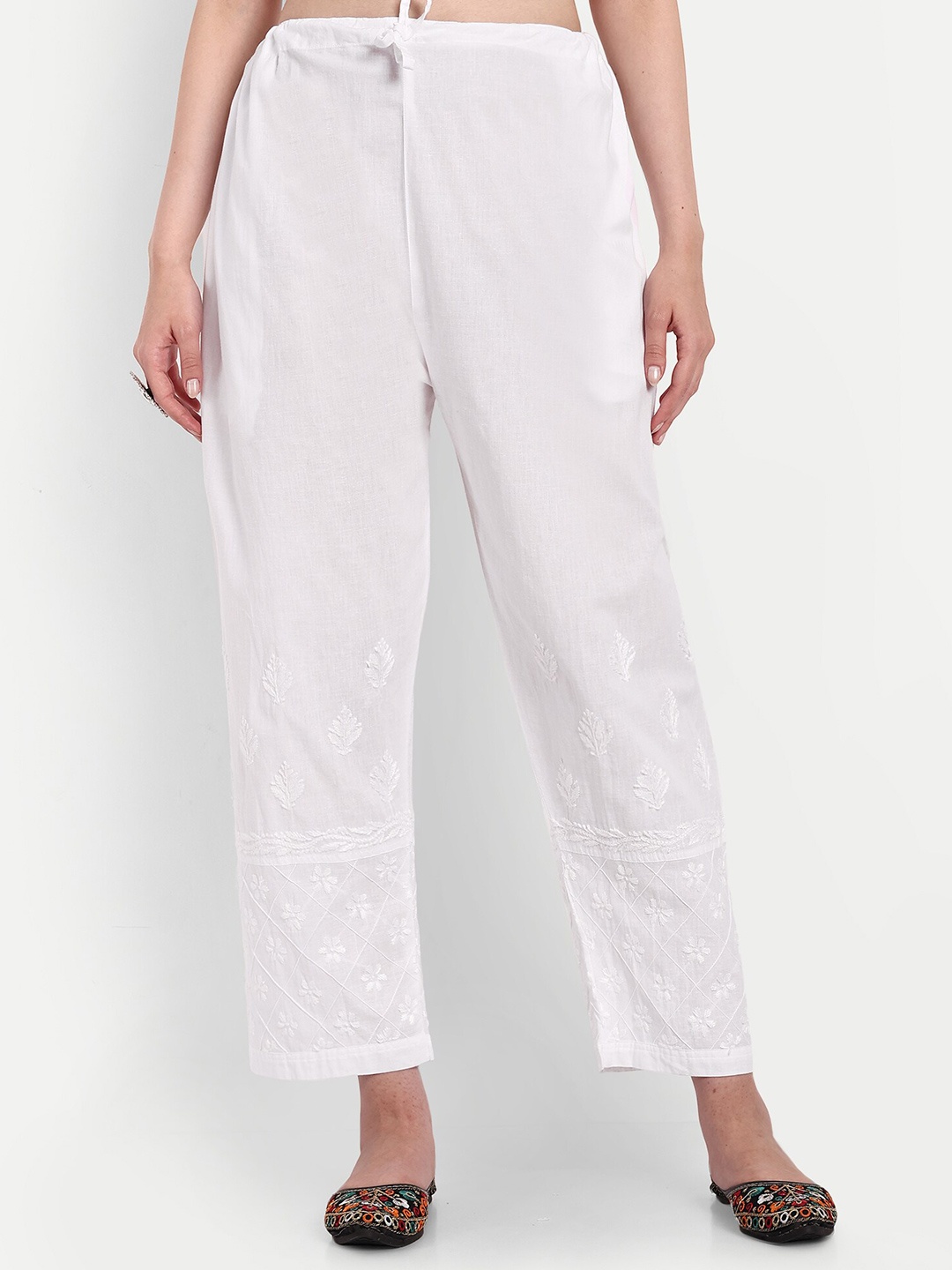 

Indiankala4u Lucknow Chikankari Embroidered Cotton Straight Ethnic Palazzos, White